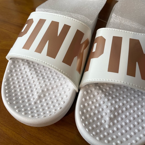 Victoria’s Secret PINK Glitter Rose Gold Logo Slide Sandals NEW VS PINK - Picture 1 of 7
